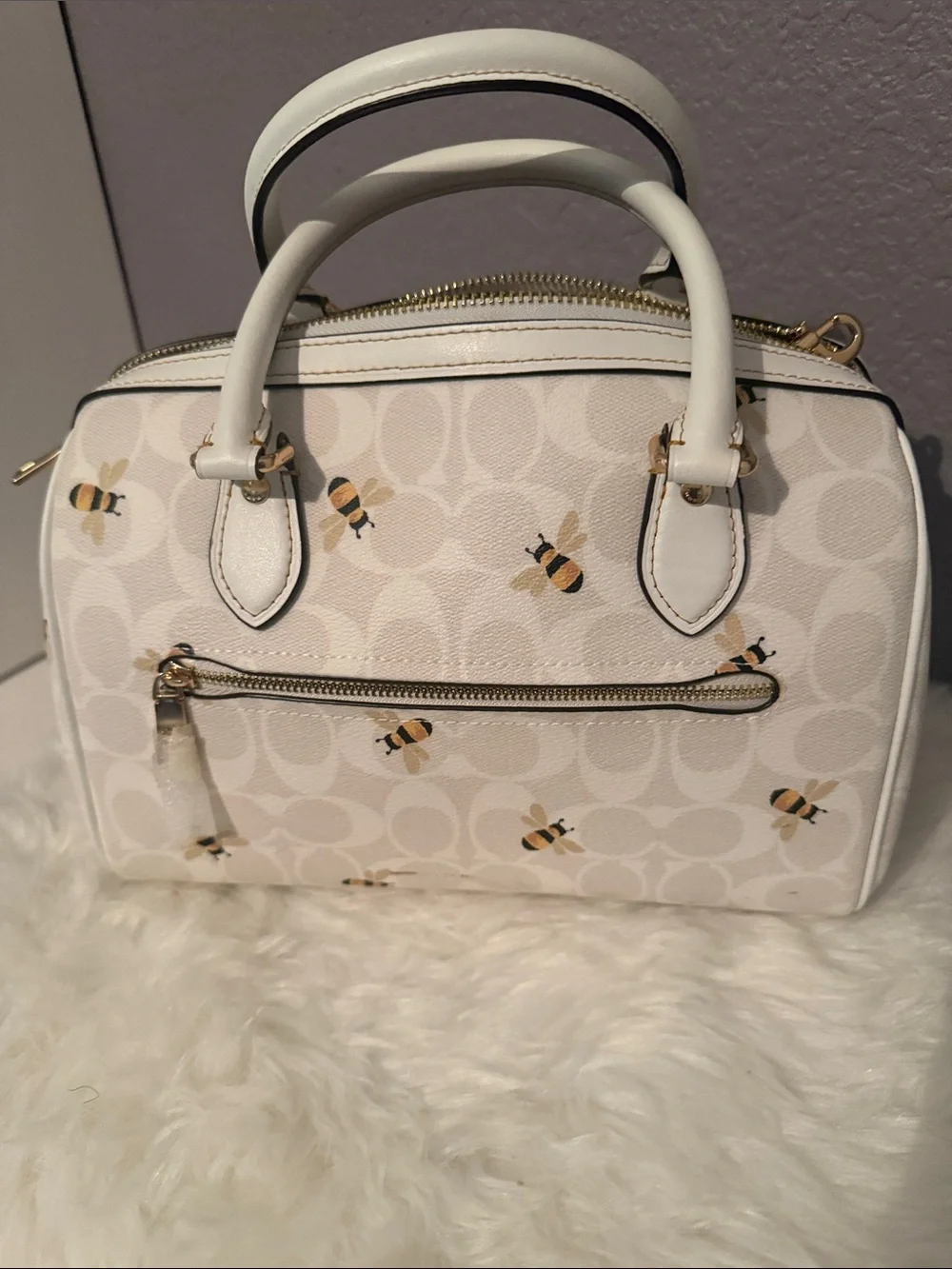 Coach White Bee Print Satchel with Gold Hardware
